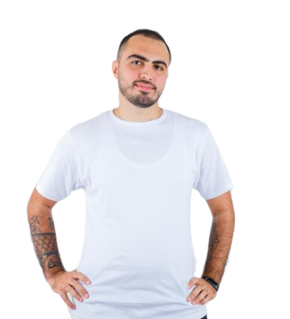 Young man in white t-shirt and black pants holding hands on waist and looking serious